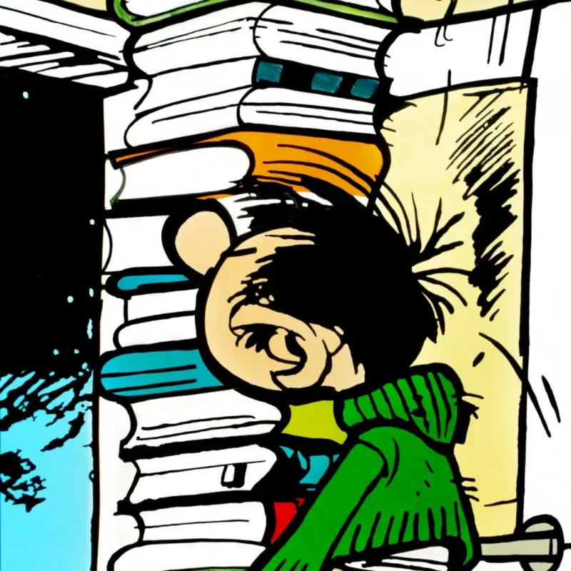 Achat Immédiat Vitrail Ateliers Loire – Franquin – Gaston et sa pile de livres