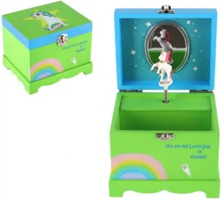 Boîte à bijoux licorne musicale à remontoir en bois avec couvercle rabattable vert Retour Gratuit