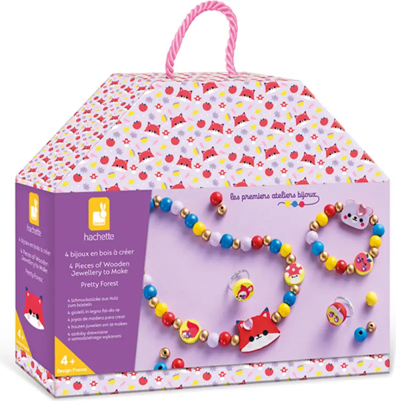 Janod Atelier Kit Créatif Fabrication de Bijoux Perles en Bois Animaux de la Forêt 4 pcs en valise Meilleure Vente