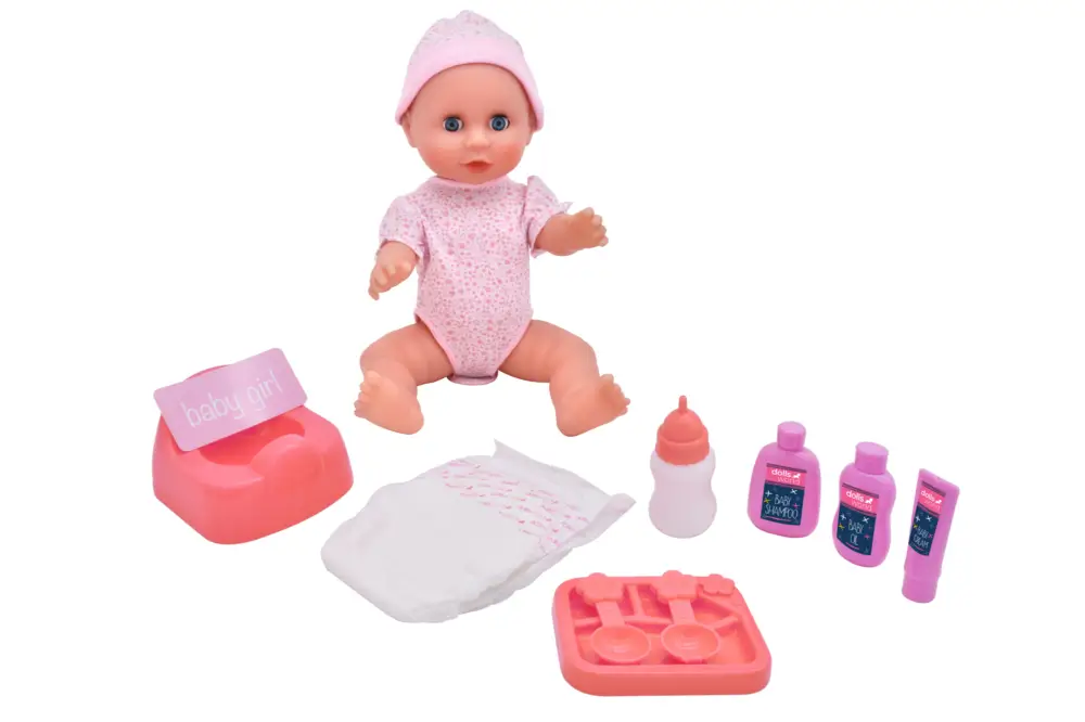Dolls World - Bébé Olivia 38 cm boit et fait pipi avec des yeux qui se ferment et accessoires Nouvelle Collection